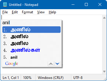 A notepad window with the word anil typed in the Latin script and a candidate list of suggested spellings in the Tamil script.