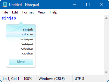 A notepad window with the word sinjab typed in the Latin script and a candidate list of suggested spellings in the Arabic script.
